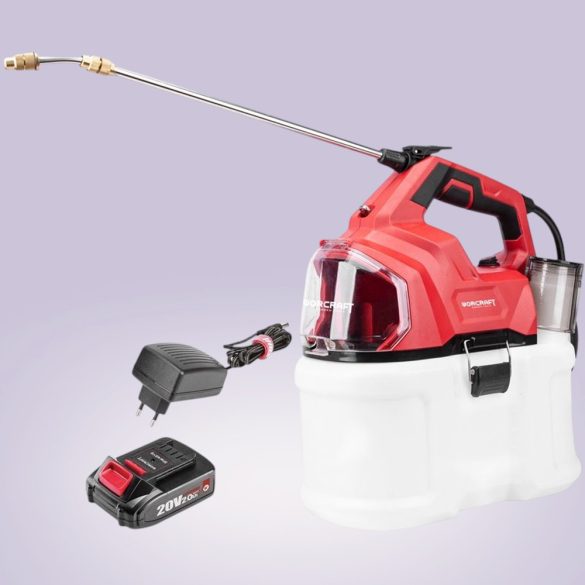 Akkumulátoros permetező, Worcraft CBS-S20Li-8L ShareSYS, 8 l, piros-fekete-fehér, 20 V, 2 Ah Li-Ion, kézi, sárgaréz fúvóka, akkumulátorral és töltővel