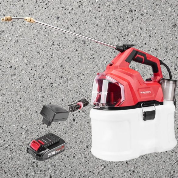 Akkumulátoros permetező, Worcraft CBS-S20Li-8L ShareSYS, 8 l, piros-fekete-fehér, 20 V, 2 Ah Li-Ion, kézi, sárgaréz fúvóka, akkumulátorral és töltővel