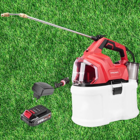 Akkumulátoros permetező, Worcraft CBS-S20Li-8L ShareSYS, 8 l, piros-fekete-fehér, 20 V, 2 Ah Li-Ion, kézi, sárgaréz fúvóka, akkumulátorral és töltővel