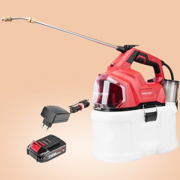 Akkumulátoros permetező, Worcraft CBS-S20Li-8L ShareSYS, 8 l, piros-fekete-fehér, 20 V, 2 Ah Li-Ion, kézi, sárgaréz fúvóka, akkumulátorral és töltővel