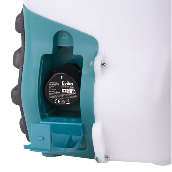 Akkumulátoros permetező, Evika DJ160, 16 liter, fehér, vízálló kapcsolós, teleszkópos fém szórókarral, háti hevederes