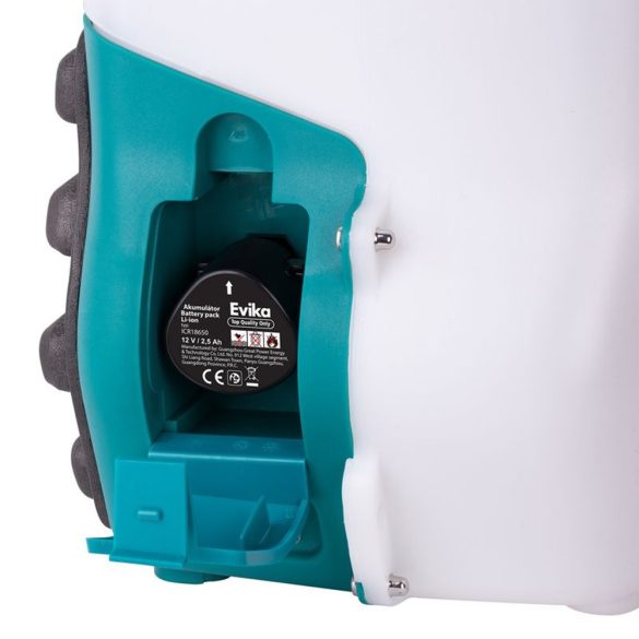 Akkumulátoros permetező, Evika DJ100, 10 liter, fehér, 10,8V, 2,5 Ah Li-Ion, 2,5 bar, teleszkópos szórókarral, háti hevederes