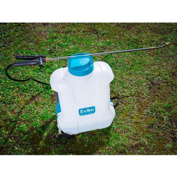 Akkumulátoros permetező, Evika DJ100, 10 liter, fehér, 10,8V, 2,5 Ah Li-Ion, 2,5 bar, teleszkópos szórókarral, háti hevederes