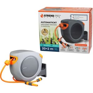 Fali tömlődob, Strend Pro Premium, szürke/narancssárga, tömlővel, 1/2", 20 + 2 m, 24 bar, automata feltekerő, szórópisztollyal, csatlakozókkal, forgatható konzol, -5°C és +45°C között hőálló