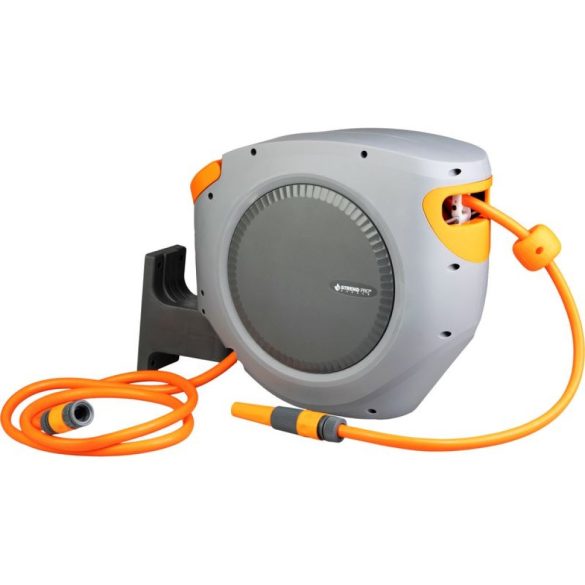 Fali tömlődob, Strend Pro Premium, szürke/narancssárga, tömlővel, 1/2", 20 + 2 m, 24 bar, automata feltekerő, szórópisztollyal, csatlakozókkal, forgatható konzol, -5°C és +45°C között hőálló