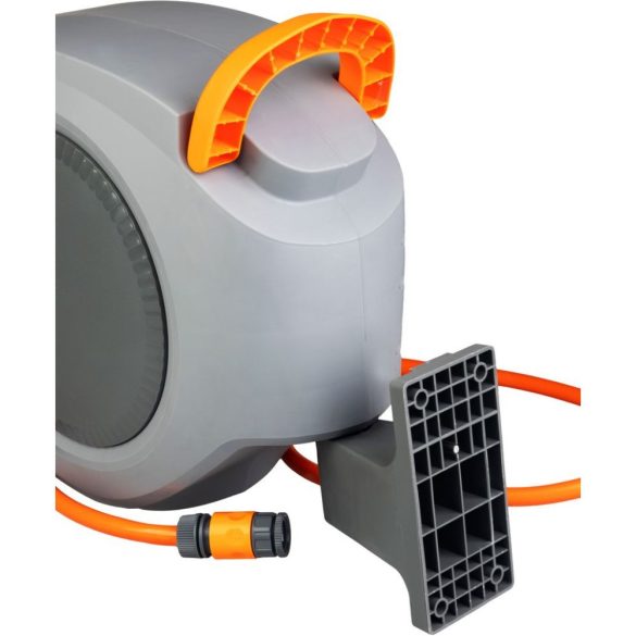 Fali tömlődob, Strend Pro Premium, szürke/narancssárga, tömlővel, 1/2", 20 + 2 m, 24 bar, automata feltekerő, szórópisztollyal, csatlakozókkal, forgatható konzol, -5°C és +45°C között hőálló