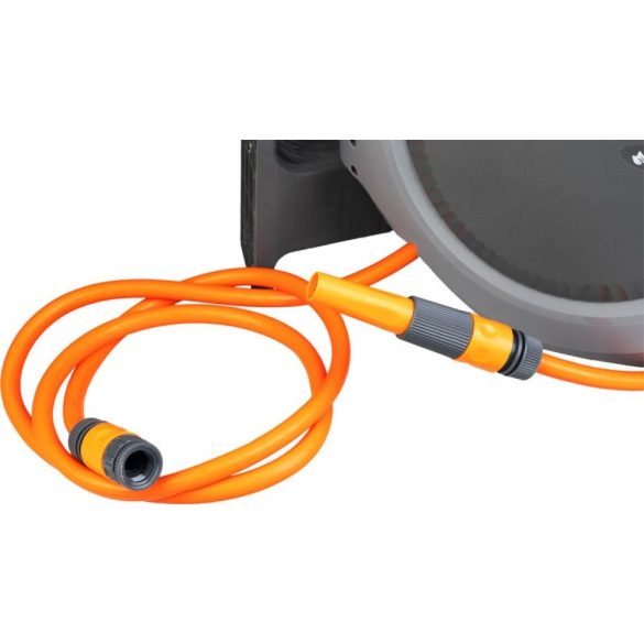 Fali tömlődob, Strend Pro Premium, szürke/narancssárga, tömlővel, 1/2", 20 + 2 m, 24 bar, automata feltekerő, szórópisztollyal, csatlakozókkal, forgatható konzol, -5°C és +45°C között hőálló