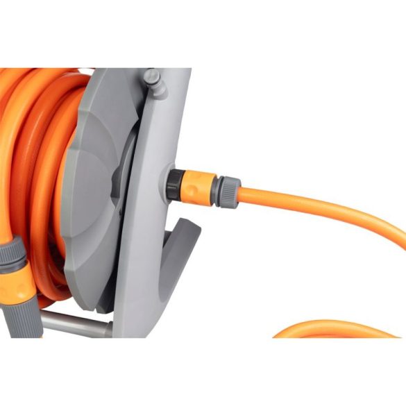 Kerti tömlődob, Strend Pro Premium, szürke/narancssárga, tömlővel, 1/2", 20 + 2 m, 26 bar, automata feltekerő, szórópisztollyal, csatlakozókkal, -5°C és +45°C között hőálló