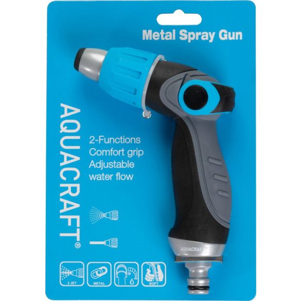 Kerti locsolópisztoly, Aquacraft 750370, fekete/kék, sárgaréz fúvóka, állítható vízáram, fémházas