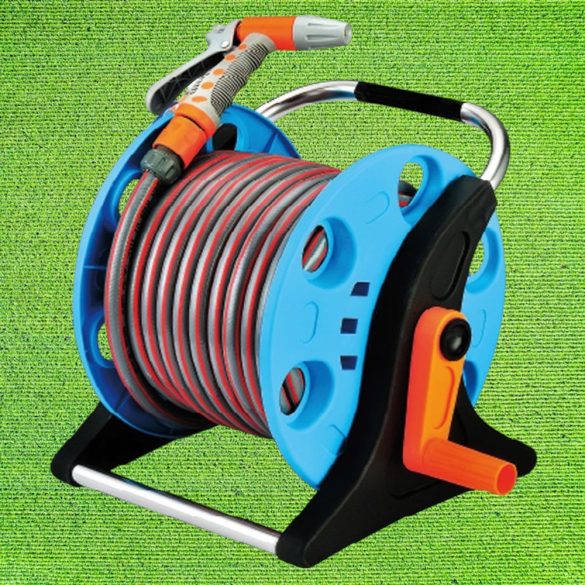 Kerti tömlődob, Strend Pro Garden ST.2015A, kék, tömlővel, 1/2″, 20 m, szórópisztollyal, csatlakozókkal