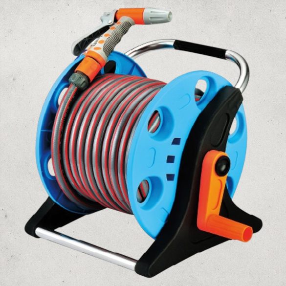 Kerti tömlődob, Strend Pro Garden ST.2015A, kék, tömlővel, 1/2″, 20 m, szórópisztollyal, csatlakozókkal