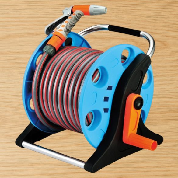 Kerti tömlődob, Strend Pro Garden ST.2015A, kék, tömlővel, 1/2″, 20 m, szórópisztollyal, csatlakozókkal