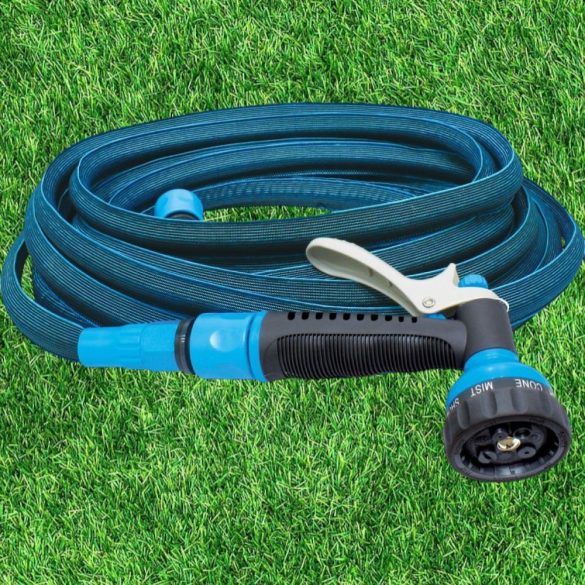 Kerti locsolótömlő, Aquacraft 870030, kék, 1/2", 15–30 m, 6 bar, flexibilis, nyújtható, 7 funkciós szórópisztollyal, csatlakozókkal, PVC belső cső, textilborítás