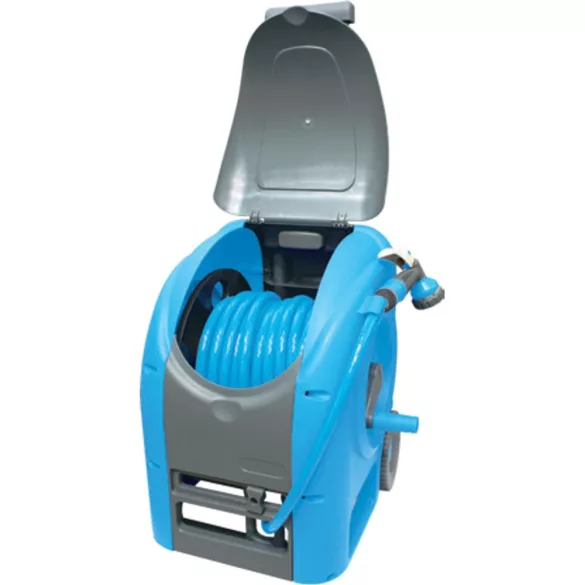 Kerti tömlődob, Aquacraft 990081 Deluxe Compact, kék, tömlővel, 1/2", 30 m, szórópisztollyal, csatlakozókkal, kézi hajtókar, teleszkópos fogantyú, kerekes