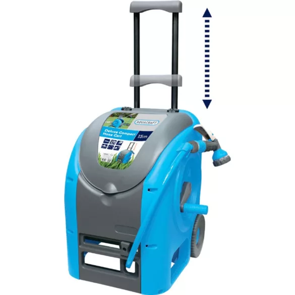 Kerti tömlődob, Aquacraft 990081 Deluxe Compact, kék, tömlővel, 1/2", 30 m, szórópisztollyal, csatlakozókkal, kézi hajtókar, teleszkópos fogantyú, kerekes