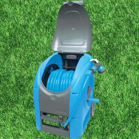 Kerti tömlődob, Aquacraft 990081 Deluxe Compact, kék, tömlővel, 1/2", 30 m, szórópisztollyal, csatlakozókkal, kézi hajtókar, teleszkópos fogantyú, kerekes