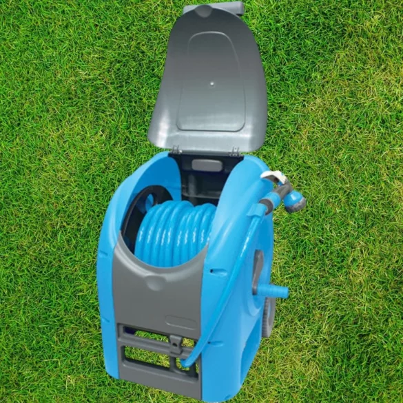 Kerti tömlődob, Aquacraft 990081 Deluxe Compact, kék, tömlővel, 1/2", 30 m, szórópisztollyal, csatlakozókkal, kézi hajtókar, teleszkópos fogantyú, kerekes