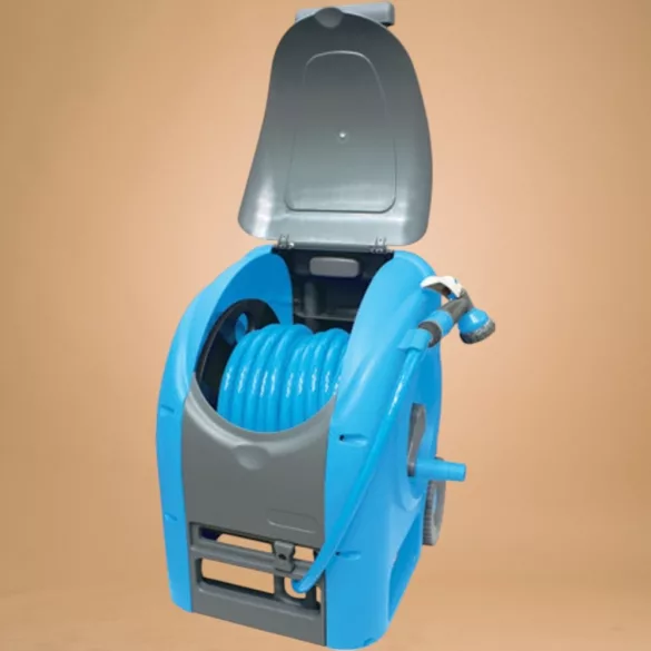 Kerti tömlődob, Aquacraft 990081 Deluxe Compact, kék, tömlővel, 1/2", 30 m, szórópisztollyal, csatlakozókkal, kézi hajtókar, teleszkópos fogantyú, kerekes