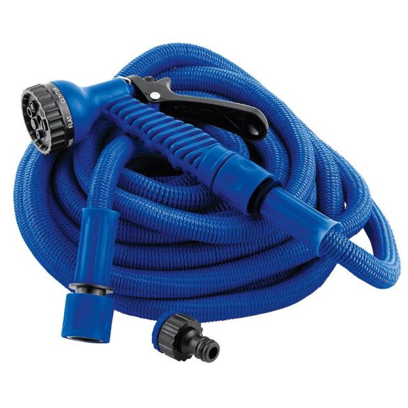 Kerti locsolótömlő, Strend Pro Garden, ST.Expander Flexi, kék, 22,5 m, flexibilis, nyújtható, 7 funkciós szórópisztollyal, csatlakozókkal, latex belső, kopásálló szövetborítás, önnyúló-összehúzódó technológia