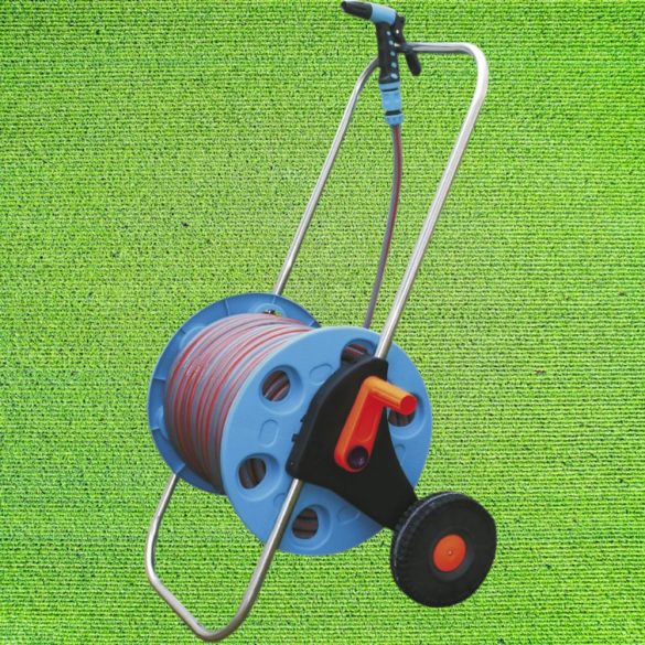 Kerti tömlőkocsi, Strend Pro Garden 3015A, ezüst/kék, tömlővel, 1/2", 30 m, tömlődobbal, 4 funkciós szórópisztollyal, csatlakozókkal, kézi hajtókar, kerekes