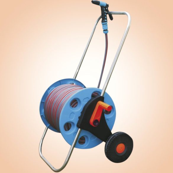 Kerti tömlőkocsi, Strend Pro Garden 3015A, ezüst/kék, tömlővel, 1/2", 30 m, tömlődobbal, 4 funkciós szórópisztollyal, csatlakozókkal, kézi hajtókar, kerekes