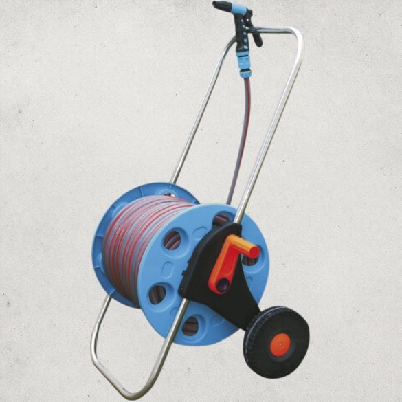 Kerti tömlőkocsi, Strend Pro Garden 3015A, ezüst/kék, tömlővel, 1/2", 30 m, tömlődobbal, 4 funkciós szórópisztollyal, csatlakozókkal, kézi hajtókar, kerekes