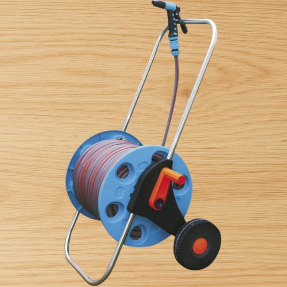 Kerti tömlőkocsi, Strend Pro Garden 3015A, ezüst/kék, tömlővel, 1/2", 30 m, tömlődobbal, 4 funkciós szórópisztollyal, csatlakozókkal, kézi hajtókar, kerekes