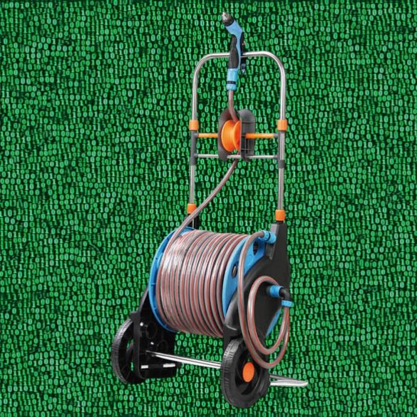 Kerti tömlőkocsi, Strend Pro Garden 5020, fekete/kék, tömlővel, 1/2", 50 + 2 m, tömlődobbal, 4 funkciós szórópisztollyal, csatlakozókkal, kézi hajtókar, kerekes