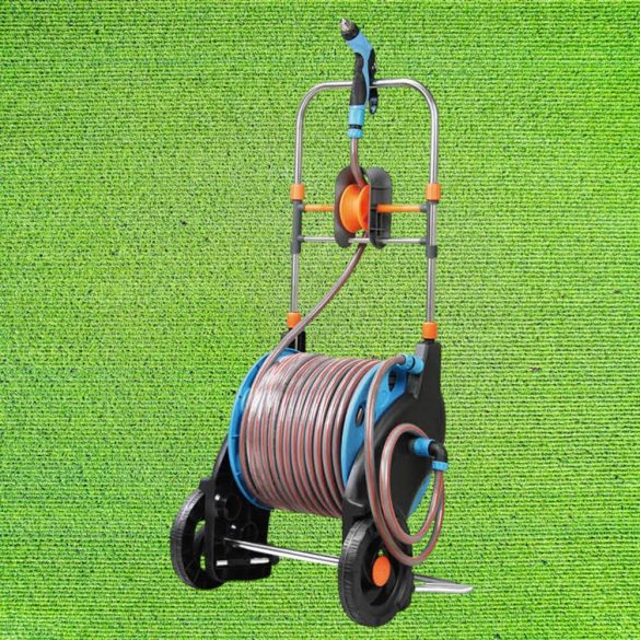 Kerti tömlőkocsi, Strend Pro Garden 5020, fekete/kék, tömlővel, 1/2", 50 + 2 m, tömlődobbal, 4 funkciós szórópisztollyal, csatlakozókkal, kézi hajtókar, kerekes