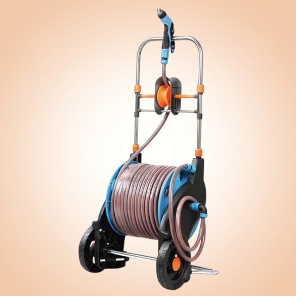 Kerti tömlőkocsi, Strend Pro Garden 5020, fekete/kék, tömlővel, 1/2", 50 + 2 m, tömlődobbal, 4 funkciós szórópisztollyal, csatlakozókkal, kézi hajtókar, kerekes