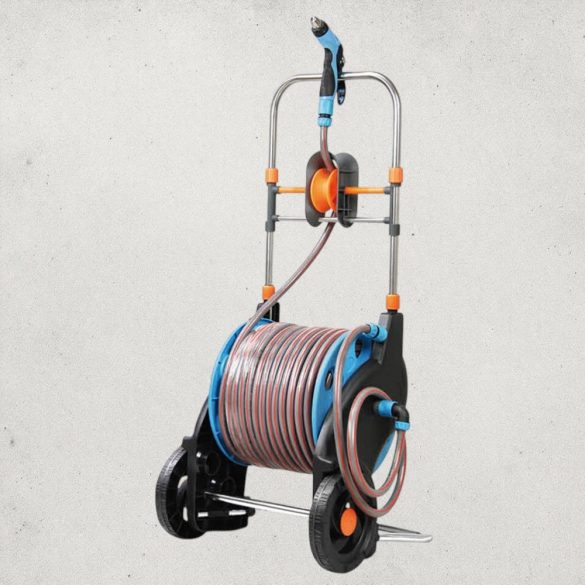 Kerti tömlőkocsi, Strend Pro Garden 5020, fekete/kék, tömlővel, 1/2", 50 + 2 m, tömlődobbal, 4 funkciós szórópisztollyal, csatlakozókkal, kézi hajtókar, kerekes