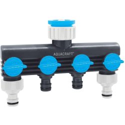   Kerti tömlőelosztó, Aquacraft 550634 Multi E, fekete, műanyag, 4 utas, különálló szelepekkel, kerti locsoláshoz és öntözőrendszerhez, 1 bemenet - 4 kimenet