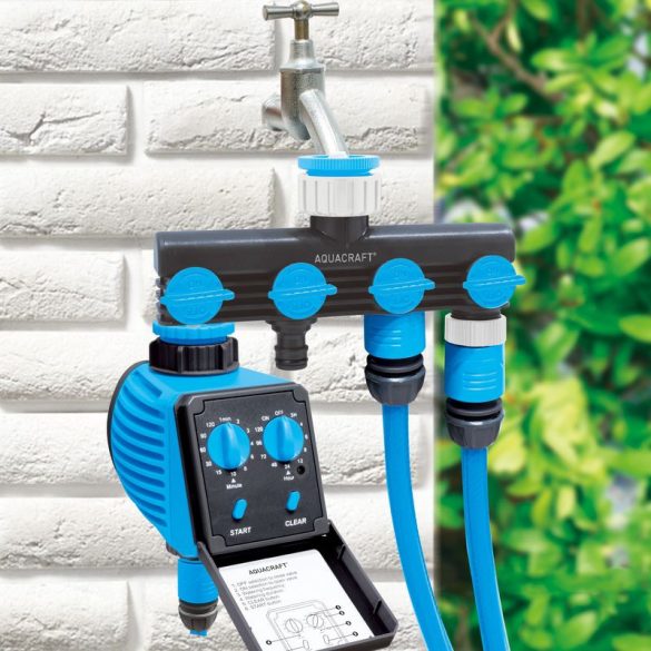 Kerti tömlőelosztó, Aquacraft 550634 Multi E, fekete, műanyag, 4 utas, különálló szelepekkel, kerti locsoláshoz és öntözőrendszerhez, 1 bemenet - 4 kimenet