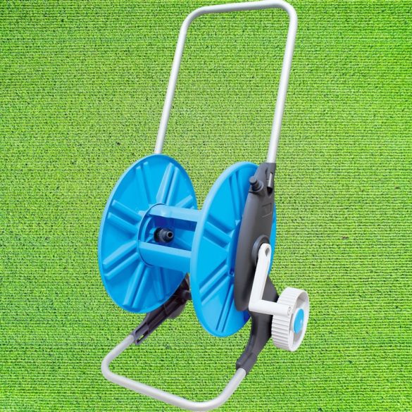 Kerti tömlőkocsi, Aquacraft 990031, ezüst/kék, maximum 60 m 1/2" kerti tömlőhöz, acél és műanyag, kézi hajtókar, kerekes, tömlő nélkül