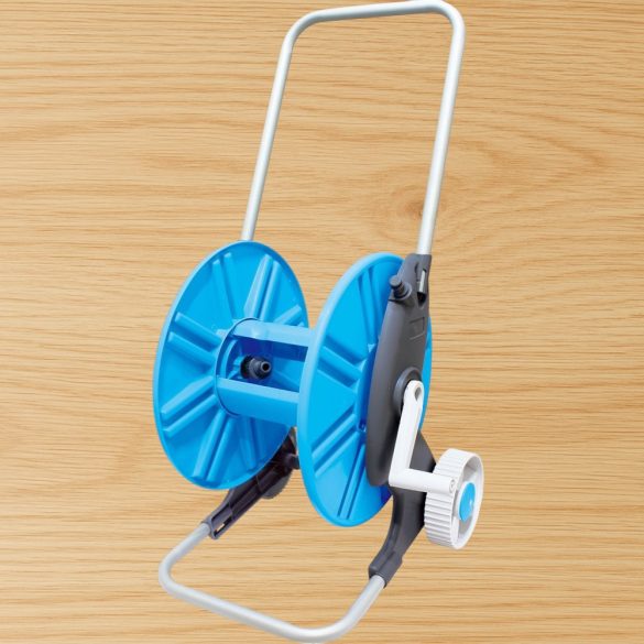 Kerti tömlőkocsi, Aquacraft 990031, ezüst/kék, maximum 60 m 1/2" kerti tömlőhöz, acél és műanyag, kézi hajtókar, kerekes, tömlő nélkül