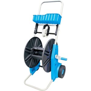 Kerti tömlőkocsi, Aquacraft 990051 Prémium, ezüst/kék, maximum 60 m 1/2" kerti tömlőhöz, acél és műanyag, kézi hajtókar, kerekes, szerszámtároló kosárral, tömlő nélkül