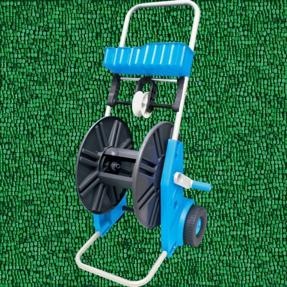 Kerti tömlőkocsi, Aquacraft 990051 Prémium, ezüst/kék, maximum 60 m 1/2" kerti tömlőhöz, acél és műanyag, kézi hajtókar, kerekes, szerszámtároló kosárral, tömlő nélkül