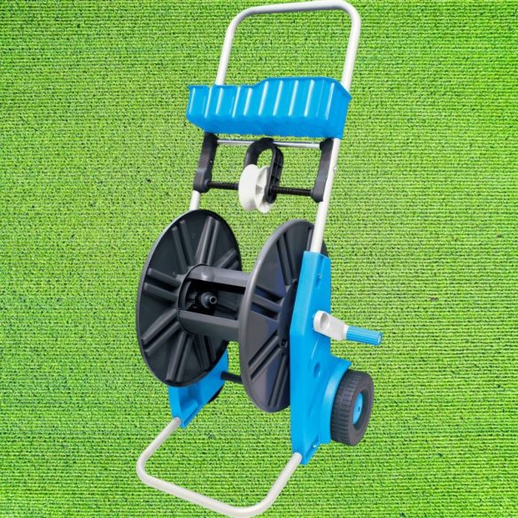 Kerti tömlőkocsi, Aquacraft 990051 Prémium, ezüst/kék, maximum 60 m 1/2" kerti tömlőhöz, acél és műanyag, kézi hajtókar, kerekes, szerszámtároló kosárral, tömlő nélkül