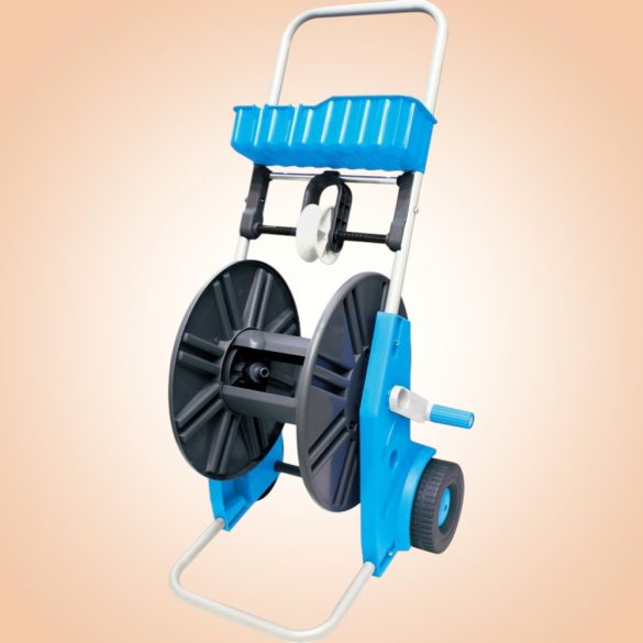 Kerti tömlőkocsi, Aquacraft 990051 Prémium, ezüst/kék, maximum 60 m 1/2" kerti tömlőhöz, acél és műanyag, kézi hajtókar, kerekes, szerszámtároló kosárral, tömlő nélkül