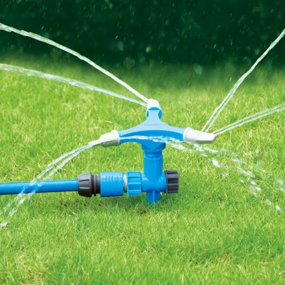 Kerti locsolófej, Aquacraft 260160, kék, forgó 360°, 3 karos, tüskés, körkörös öntözés, gyepbe szúrható rögzítéssel, maximum 100 m2 öntözési terület