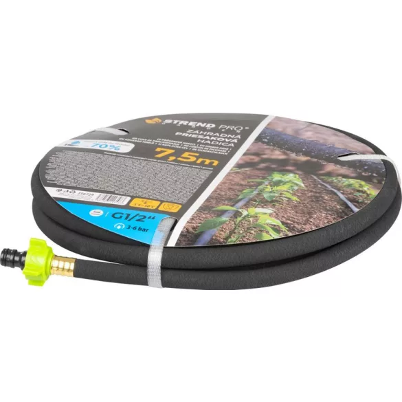 Kerti locsolótömlő, Strend Pro Garden, fekete, 1/2", 7,5 m, 3-6 bar, szivárgó, csatlakozókkal, csepegtető öntözéshez, -5°C és +50°C között hőálló, bővíthető