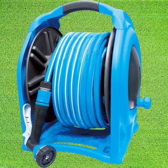 Fali tömlődob, Aquacraft 990076, kék, tömlővel, 1/2", 25 m, szórópisztollyal, csatlakozókkal