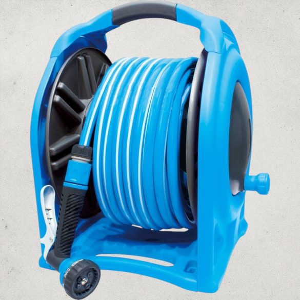 Fali tömlődob, Aquacraft 990076, kék, tömlővel, 1/2", 25 m, szórópisztollyal, csatlakozókkal