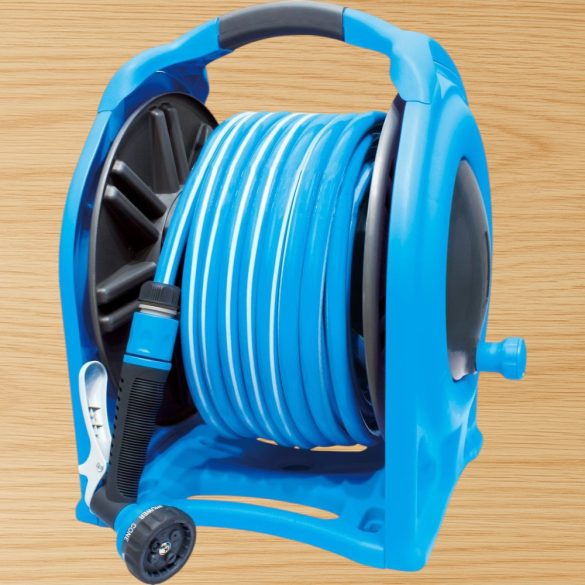 Fali tömlődob, Aquacraft 990076, kék, tömlővel, 1/2", 25 m, szórópisztollyal, csatlakozókkal