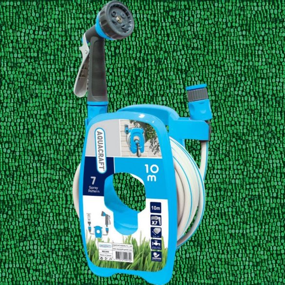 Fali tömlődob, Aquacraft 990490, kék, tömlővel, 3/8", 10 m, 7 funkciós szórópisztollyal, csatlakozókkal, műanyag