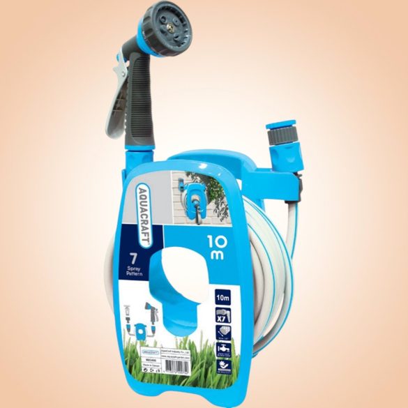 Fali tömlődob, Aquacraft 990490, kék, tömlővel, 3/8", 10 m, 7 funkciós szórópisztollyal, csatlakozókkal, műanyag