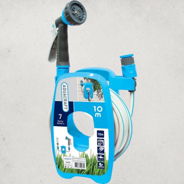 Fali tömlődob, Aquacraft 990490, kék, tömlővel, 3/8", 10 m, 7 funkciós szórópisztollyal, csatlakozókkal, műanyag