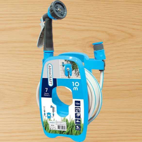 Fali tömlődob, Aquacraft 990490, kék, tömlővel, 3/8", 10 m, 7 funkciós szórópisztollyal, csatlakozókkal, műanyag