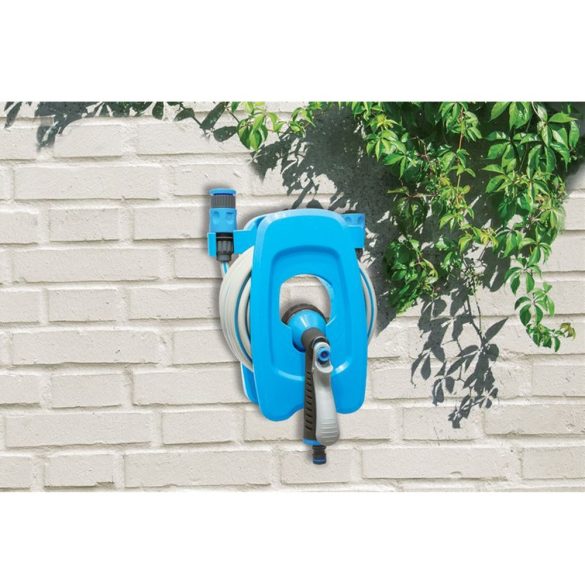 Fali tömlődob, Aquacraft 990490, kék, tömlővel, 3/8", 10 m, 7 funkciós szórópisztollyal, csatlakozókkal, műanyag