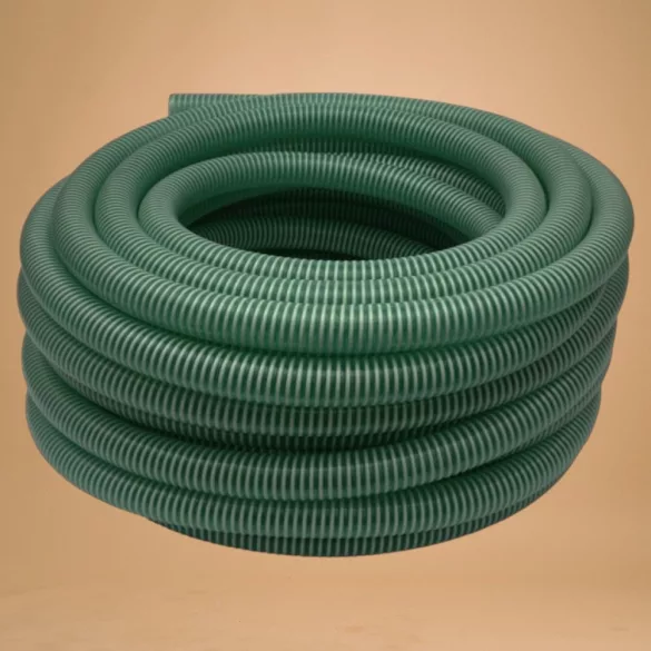 Kerti szívótömlő, Strend Pro Garden ST.Suco 50, zöld, 2", 30 m, 50 mm, 7 bar, bordázott, spirálerősített PVC, vákuumálló